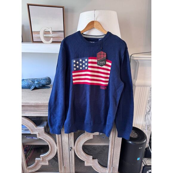 NWT Chaps American Flag Sweater In Navy Men’s Size Large - Picture 1 of 8